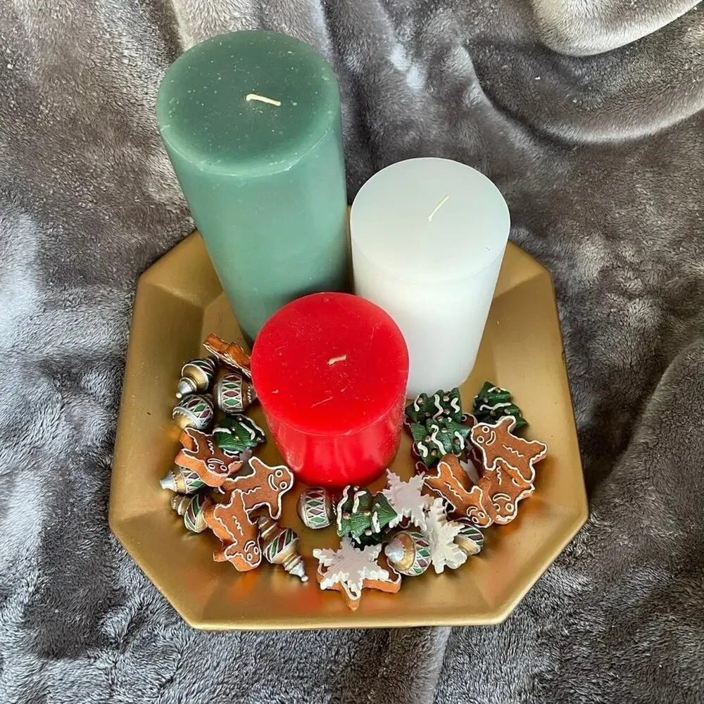 Christmas Candle Set & Decor Red Green White Candles Gold Tone Holder & Box Vtg